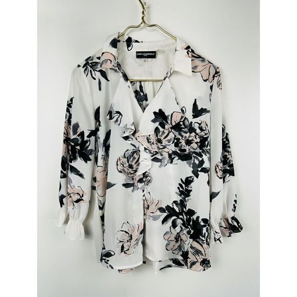 Karl Lagerfeld Paris Size Small Floral Pearl Button Down Ruffle Blouse V-Neck - Picture 1 of 6